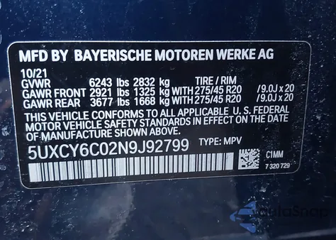 2022 BMW X6 xDrive40I from USA, damaged, VIN 5UXCY6C02N9J92799